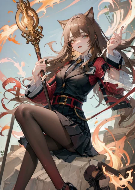 (dutch angle), (intricate details), colorful, (faux traditional media), looking down, from below, full body,
<lora:skyfire_04:0.8>, skyfire \(arknights\), arknights, wearing black blazer under cropped red jacket, cat ears, (cat tail), pantyhose, black skirt, black necktie, white collared shirt, brown hair, (high heels), (finely detailed eyes and detailed face:1.3), anime nose,  (tsurime:1.3, eyeliner, sharp eyelashes:1.2, solid eyelid), messy hair, unkempt, half-closed eyes, one eye closed,
holding staff, flame effect, ruin, overgrown, scenery