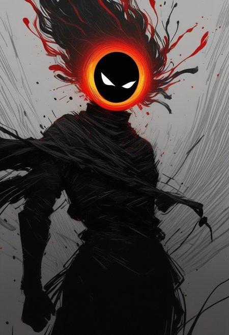 100bh-style, dark assassinkahb style pop surrealism, Pop Art, minimalism, Bw-grignani, Closeup Portrait, An Abstract surreal dark colorful simple painted eternal Closeup Portrait, a tattwred Cyborg Ninja in Dynamic pose By yoji shinkawa, a ninja gracefully posing in Fight stance with katana, Blood Splash, Blood fountain, infront of vanta white background with overhelming cascading red/black sharp ascii_art streams of data. Illuminate the fusion of artistry and innovation in this mesmerizing image.bailing_glitch_effect, 
atmospheric haze, Film grain, cinematic film still, highly detailed, in Action Pose Silhouette with long vibrant billowing spectral Gradient translucent Cape throughout the frame, Holding a glowing orb resembling black Hole, glowing eye, black skin, high collar, blushed smiling, made of lines, vertical lines, horizontal lines, Portrait Made of intertwining lines, weaving over and under each other throughout the frame, emphasis effect, moire effect, awash in colorful shades, seamlessly extends the lines, Action Scene, Motion lines