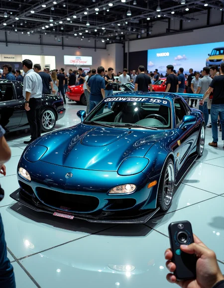 A sleek Mazda RX-7 sits proudly in a crowded sports car showroom with its bright headlights and taillights reflecting off polished chrome accents, while a professional photographer captures its every detail through a camera lens held by a hands-free remote control.