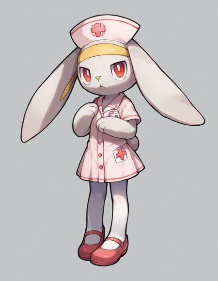 score_9, score_8_up, score_7_up, score_6_up, score_5_up, score_4_up, 1girl, full body, solo,
 <lora:Raboot_v0-3:1> raboot, pokemon \(creature\), white fur, droopy ears, rabbit ears, rabbit tail, red eyes, looking at viewer, furry female, yellow hairband,
nurse, nurse-outfit, pink-dress, white-pantyhose, pink-shoes, nurse-cap