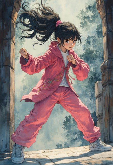 A 3D animated girl with flowing long messy dark hair, showing kung fu fist action pose, wearing a pink tracksuite, pink jeans, pink snikers, set against a temple background.Add artistic and dramatic effects ultra realism, ultra detail Studio Ghibli Dark Fairytale