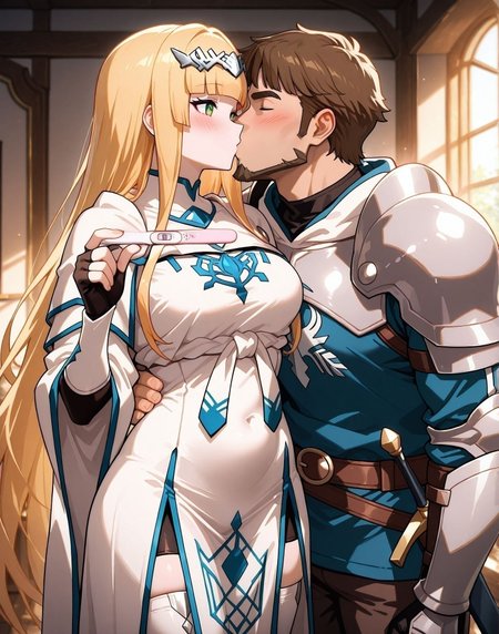 masterpiece,best quality,amazing quality,very aesthetic,absurdres,newest, huge filesize,
<lora:spo_sdxl_10ep_4k-data_lora_webui:0.5>, 
<lora:add-detail-xl:1> overlord,official art, 
anime screenshot,  
<lora:Pregnancy test_illustrious_V1.0:0.8> 
1girl, 1man,hetero, 
pregnancy test, holding, smile, blush, cuddling, kiss, 
BREAK
1girl, 1man,hetero, 
pregnancy test, holding, smile, blush, cuddling, kiss, 
 sidelocks,   blunt bangs,   hair ornament , 
white robe, blue mark in  chest,   long sleeves,white fingerless gloves, 
long hair. green eyes,  white dress,
blonde hair female , long skirt,
white dress, milf,
thighhighs.
o_calca, human female,long blackout curtain,
<lora:overlord_The_Sacred_Kingdom_V1:0.7>
overlord_V1,
BREAK
1girl, 1man,hetero, 
pregnancy test, holding, smile, blush, cuddling, kiss, 
weapon,armor,short hair,  
sword,brown hair,
short hair,shoulder armor, male focus, 
full body,
boots,gloves,pauldrons,
sheath,belt, , blue eyes,
o_Isandro,   muscular male, messy hair, thick eyebrows,beard,