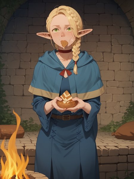 score_9, score_8_up, score_7_up, score_6_up, 1girl, solo, elf, Marcilledonato, (angular face), food, eating, single braid, blue robe, capelet, choker, campfire, stone dungeon, waterfall in background, (bright blue:0.5), very clear image, detailed character design, ultra-high resolution, perfectly composed, clear, breathtaking attention to detail, highres, ultra detail, 8k wallpaper,