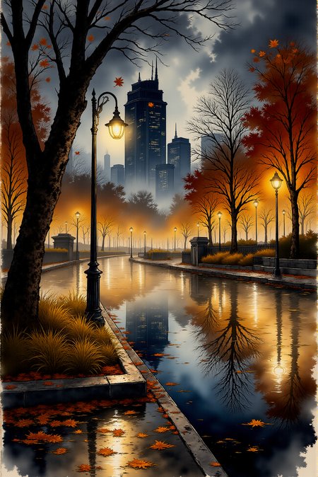 <lora:Vibrant_watercolor_v.22:0.9>   Watercolor sketch style. A moody urban landscape unfolds under a stormy sky, with towering skyscrapers and gothic architecture looming in the distance. Raindrops streak diagonally across the scene, blurring city lights into golden reflections shimmering on the wet pavement. Vibrant orange autumn leaves are scattered across the ground, their edges curling from the dampness, adding a striking contrast to the steel-gray environment. Bare branches reach into the misty air, and distant street lamps cast a soft, melancholic glow, evoking the cinematic atmosphere of a rainy evening in an anime-style neo-noir setting. 