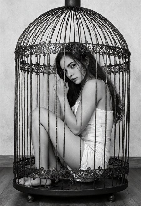black-and-white photograph featuring a young woman seated inside a large, ornate birdcage. The woman, who appears to be in her early twenties, has long, dark hair cascading over her shoulders. She is dressed in a sleeveless, form-fitting dress that accentuates her slender physique and small breasts. Her skin tone is light, and she is sitting with her knees drawn up to her chest, her arms wrapped around her legs, and her head resting on her knees. The cage is made of thin, black metal bars, with an intricate, floral pattern etched into the bars. The cage is positioned centrally in the image, with the womanâs body occupying most of the foreground. The background is a plain, light-colored wall with a subtle texture, creating a stark contrast with the dark cage and the womanâs light clothing. The floor appears to be wooden, adding to the rustic feel of the setting. The lighting is soft and diffused, casting gentle shadows that highlight the contours of the woman's body and the cage's intricate details. The overall mood of the photograph is somber and introspective, with a strong emphasis on the theme of confinement and isolation.,aidmaimageupgrader, aidmaMJ6.1 <lora:aidmaMJ6.1-FLUX-v0.5:0.7> <lora:aidmaImageUprader-FLUX-v0.3:0.4>
