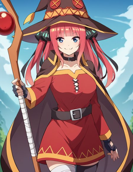 score_9, score_8_up, score_7_up, source_anime, <lora:nnakano-s2-ponyxl-lora-nochekaiser:1>, long hair, bangs, blue eyes, hair ornament, hair ribbon, pink hair, blunt bangs, two side up, butterfly hair ornament, large breasts,, <lora:megumin-cosplay-ponyxl-lora-nochekaiser:1>, megumin cosplay, megumin (cosplay), thighhighs, gloves, hat, dress, black gloves, belt, black thighhighs, fingerless gloves, cape, collar, witch hat, bandages, red dress, single thighhigh, asymmetrical legwear, bandaged leg,, staff, holding staff, smug, outdoors, looking at viewer, cowboy shot,