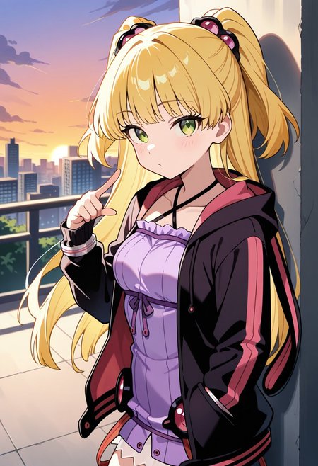 masterpiece, best quality, amazing quality, very aesthetic, absurdres, highres, newest, source_anime,  (embedding:zPDXLxxx:1), Perfect Hands (girl:1.2), (little:1.2), Jougasaki_Rika, 1girl,solo,blonde_hair,(long_hair:1.3),two-side_up,green_eyes,1girl, solo, breasts,large breasts, pointing at viewer, <lora:yukariXL_LoRA-C3Lier_AdamW_Dim16_Alpha16_UN-3e-4_TE-1.5e-4_10batch_ponyDiffusionV6XL_v6StartWithThisOne:1>, yuzuki yukari, criss-cross halter, purple dress, black jacket, hooded jacket, long sleeves, animal ear hood, city, against wall, gradient sky, sunset, cloud