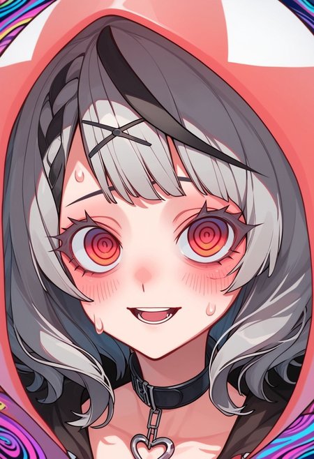 score_9, score_8_up, score_7_up, masterpiece, best quality, highres, 1girl, (sakamata chloe, medium hair, grey hair, red eyes), (black jacket, open jacket, white shirt, frilly shirt, choker, black strap, heart choker, hood down), (looking at viewer, sharp eyes, expressionless, smile, open mouth:0.7, nervous), (psychedelic background:1.5, colorful background, psychedelic, acid visuals, sweatdrop, dark), standing, upper body, from side, (sharp lines, chiaroscuro)