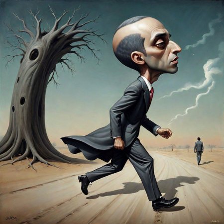 man running away from his own shadow juba gaga didi dompa mixi maxi snupp
 rooted man 
lowbrow art style  ,surreal.