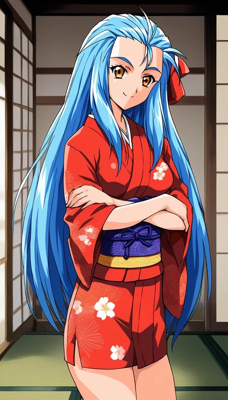 score_9, score_8_up, score_7_up, source_anime, rating_explicit, BREAK <lora:Minazuki_Kotoko_XL:1> Minazuki_Kotoko, blue hair, long hair, orange eyes, medium breasts,
1girl, solo, japanese clothes, red kimono, smile, looking at viewer, V arms,
 obi, 1990s (style), logo,  ribbon, hair ribbon, 
 standing, tatami,  smile,looking at viewer, cowboy_Shot,