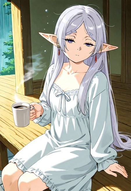 1girl, frieren, sousou no frieren, beautiful elf girl, long silver hair, messy and tousled from sleep, purple eyes, sleepy and relaxed expression, sitting on a wooden porch with rain gently falling around her, holding a cigarette in one hand and a steaming cup of coffee in the other, wearing a soft and slightly wrinkled nightgown, her hair slightly sticking out, a few strands on her face, raindrops falling softly on the ground and wooden railing, peaceful but tired atmosphere, soft glow from the porch light illuminating her face, slightly squinting due to the brightness, cinematic view from a slight angle, high level of detail, 8K