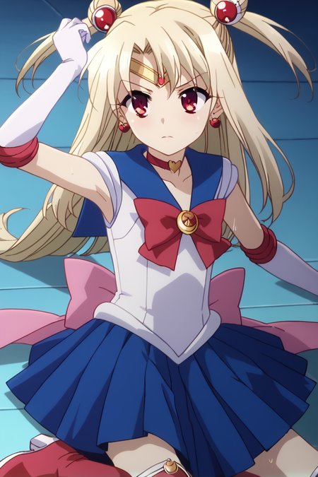 score_9, score_8_up, score_7_up , source_anime, intricate details, masterpiece, high quality, prefect hands, best quality , solo , 1girl , anime screencap, <lora:tweak-detail-xl:1> <lora:DetailedEyes_V3:1>,
,armpit ,sweating ,
, sailormooncosplay, sailor moon \(cosplay\), back bow, blue sailor collar, blue skirt, boots, bow, brooch, choker, crescent moon, elbow gloves, gloves, jewelry, knee boots, magical girl, pleated skirt, red bow, red choker, ribbon, sailor collar, sailor senshi uniform, skirt, white gloves,,<lora:sailor-moon-cosplay-ponyxl-lora-nochekaiser:1>
, long hair, red eyes, illya, female child , <lora:DetailedEyes_V3:1> <lora:tweak-detail-xl:1>  <lora:illya.pony:1>