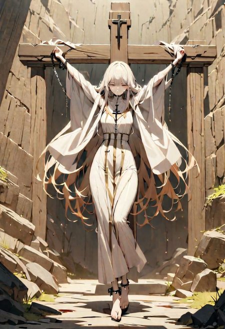 OverallDetailXL, CROSS_Y, Crucifixion, Stretch out Arms, Legs Together, (masterpiece:1.2), (best quality), 8K wallpaper, (highres), (ultra detailed:1.2), sharp lines, 
1 girl, solo, full body, anime style, (cross:1.3), (chains:1.2), (handcuffs:1.2), (anklets:1.2), (suspended:1.2), (feet off the ground:1.2), (spread arms:1.2), (closed legs:1.2), (long hair:1.1), (flowing hair:1.1), (long dress:1.1), (religious robes:1.1), (blood stains:1.1), (tears:1.1), (dark eyes:1.1), (fearful expression:1.1), (pale skin:1.1), 
(ancient temple:1.2), (stone altar:1.1), (religious symbols:1.1), (candles:1.1), (dark shadows:1.1), (dramatic lighting:1.1), (detailed background:1.1), (atmospheric:1.1), (fantasy:1.1), (horror:1.1),