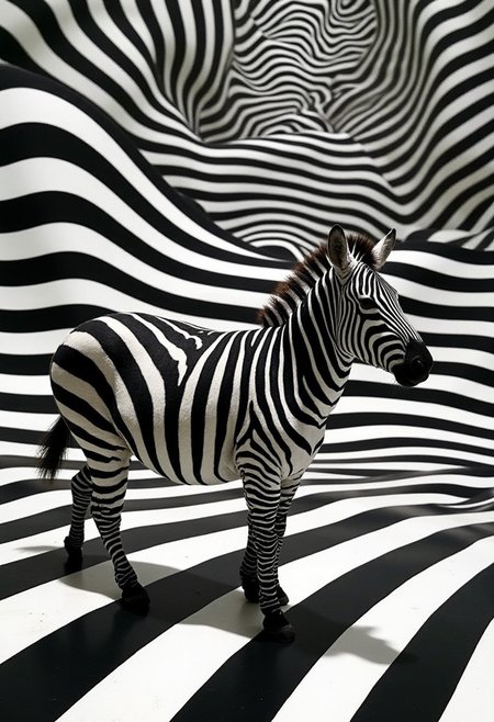 A captivating optical illusion of a zebra standing against a mesmerizing backdrop of alternating black and white horizontal stripes. The zebra's pose, with its curved body and head tilted towards the top-right corner, creates an illusory sense of motion amidst the static pattern. The stripes rise from the bottom, giving the impression of an infinite upward journey, merging art and perception in a visually striking manner.