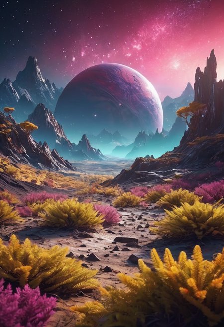 landscpae of the surface from a planet, mountains in the background, glowing plants, sci fi, fantasy, space art,  galaxy background, tree on the planet, shotting stars,  dynamic angle, intricate details, film grain, accent lighting, soft volumetric light, shallow depth of field, cinemagraph,