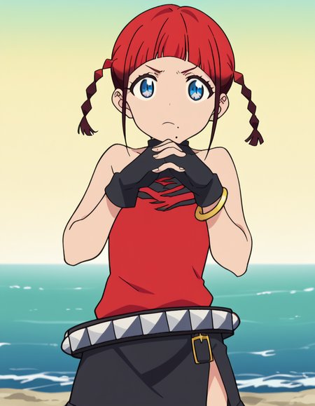 score_9, score_8_up, score_7_up, source_anime, <lora:chise-asukagawa-s1-ponyxl-lora-nochekaiser:1>, chise asukagawa, short hair, blue eyes, braid, red hair, multicolored hair, mole, twin braids, gradient hair, mole under mouth, anime screencap,, skirt, gloves, bare shoulders, jewelry, belt, fingerless gloves, bracelet, sleeveless, red shirt, black skirt,, lighthouse, light, sea, tall, guidance, , <lora:gendou-pose-ponyxl-lora-nochekaiser:1>, gendou pose, own hands clasped, own hands together, parody,, looking at viewer, solo,, dutch angle, cowboy shot