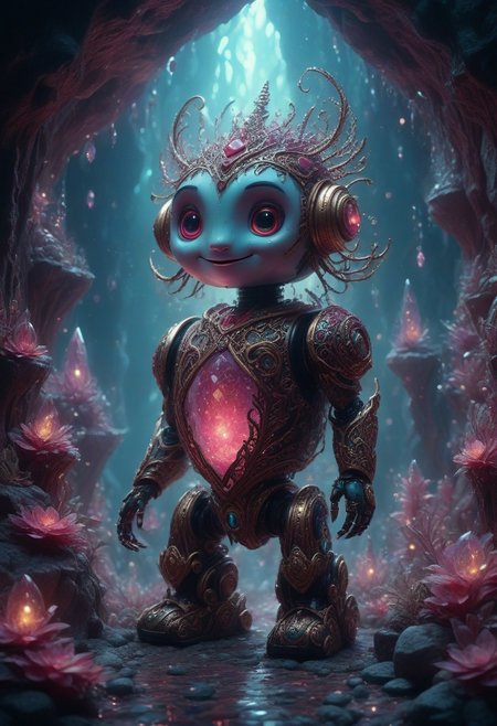 ruby manuka robot, cute, fantasy, happy, in a  fantastical crystal cave, intricate details, 8k, cinematic film still, ultra sharp
