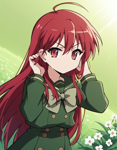 score_9, score_8_up, score_7_up, source_anime, <lora:shakugan-no-shana-s1-ponyxl-lora-nochekaiser:1>, shana, long hair, red hair, red eyes, ahoge, sidelocks,, school uniform, serafuku, green serafuku, bowtie, green bowtie, green shirt, green sailor collar, long sleeves, green skirt, buttons, thighhighs,, meadow, grass, flowers, open, sunlight, , <lora:tucking-hair-ponyxl-lora-nochekaiser:1>, tucking hair, adjusting hair, hand on own hair, hair behind ear,, looking at viewer, solo,, dutch angle, cowboy shot