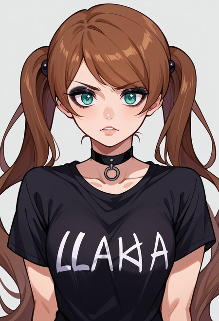score_9, score_8_up, source_anime, 1girl, solo, LuluYurigasaki, aqua eyes, brown hair, long hair, twintails, black shirt, t-shirt, black choker, goth, eyeliner, eyeshadow, <lora:ChamLuluYurigasakiPonyXL:1>
