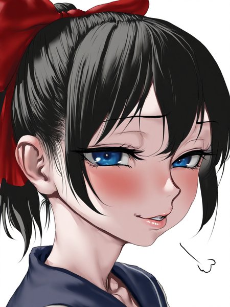masterpiece, best quality, newest, very aesthetic, simple background,
1girl, black hair, blue eyes, ponytail, , parted lips, lush lips, face focus, upper body, school uniform, red bow, blush, puff of air, detailed eyes, eyes focus, looking to the side, looking at viewer, sidelong glance, laughing, 
<lora:tomioka_sena-000010:0.7>, tomiokasena,