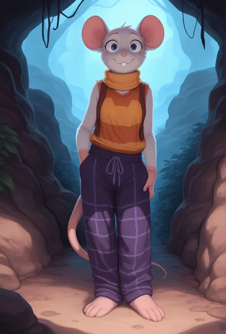 masterpiece,best quality,amazing quality, <lora:maxmushroom_style_illustrious_v1f:1> maxmushstyle, 1girl, furry, mouse, BREAK
vest, pajama pants, cavern, detailed background