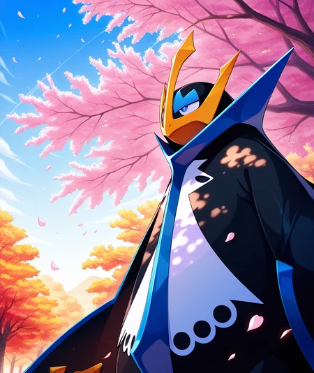 ((vibrant, detailed, detailed background, amazing quality, colorful, masterpiece, 8k, rtx)), beutiful background, <lora:empoleon-illus-15:0.9> pempo, 1other, pinguin_boy, (empoleon), (solo, alone), falling petals, cherry blossom, from below, looking away, dappled sunlight, 
autumn, floating petals, magic moment, upper body,
