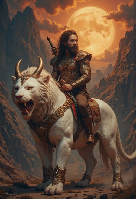 A muscular Valkyrie style Norse warrior riding a fantastical huge white beast in a rugged, mountainous landscape.  The man, with a rugged, bearded face and long, dark hair, is dressed in medieval-style attire consisting of a sleeveless brown leather vest, brown trousers, and brown boots. He wears a belt with a sheathed sword and a quiver of arrows. He also has weapons/axe/hammer. His expression is determined as he rides the beast. The massive beast is a mix of a dragon and a lion, with sharp, curved horns, a long, muscular tail, and a fierce, open-mouthed expression revealing sharp teeth. Its eyes are yellow. The creature's fur is sleek and white. The man holds the reins with one hand. The background is a dramatic, partly cloudy sky with a deep blue hue transitioning to a lighter blue at the horizon. The ground beneath them is rocky and uneven, with patches of grass and sparse vegetation. big sun, sunset, dramatic lighting, mainly red, orange and yellow colors, yellow sphere on the background