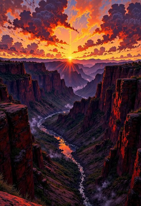 Grand Canyon Sunset – Fiery Cliffs & Endless Horizon
"The Grand Canyon glows in fiery shades of red, orange, and gold as the sun sets over its vast expanse. The deep canyons and rugged cliffs create dramatic shadows, emphasizing the immense scale of the landscape. The Colorado River winds through the depths, its waters catching the last glimmers of sunlight."