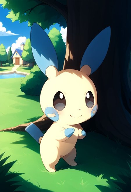(source_anime, source_furry, score_9:1), (score_8_up, score_7_up:1), rating_explicit, BREAK solo,  mouth, ,smile, ,,, garden,tree,house,,Pokemon (creature),cute,cute face, ,,,,,Minun