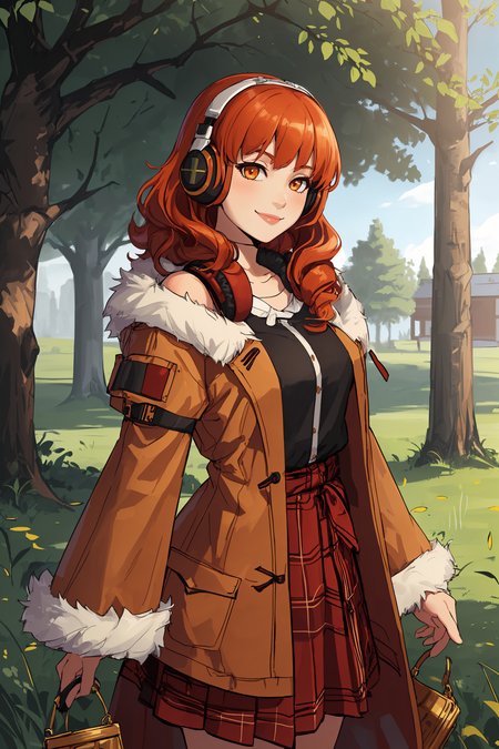masterpiece, best quality, absurdres, 1girl, solo, smile, standing, facing viewer, <lora:EPfeCelica-08:0.7>, EPfeCelica, orange eyes, red hair, pillarboxed, grass, tree, evening, arm support, fur coat, plaid_skirt, winch, headphones, relaxed