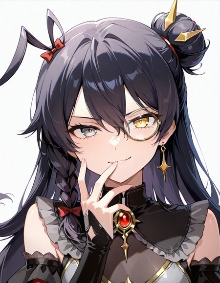 Volumetric Lighting, (masterpiece), (best quality), (ultra-detailed), masterpiece, source_anime, score_9, score_8_up, score_7_up BREAK, illustration, disheveled hair, detailed eyes, perfect composition, moist skin, intricate details, detailed eyes, detailed face, detailed fingers BREAK, Darture, black hair, single bun, antenna hair, single braid, heterochromia, grey eye, yellow eye BREAK, Darturedef, def_layered_dress, def_hair_ornament, def_hair_bow, def_brooch, def_gloves, def_monocle, def_uneven_sleeve, def_earrings, def_single_earring BREAK, ((white background)), looking at viewer, smile, upper body, hand up,smirk, face focused