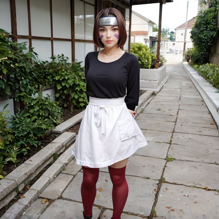 nohara rin, short hair, brown hair, purple facial mark, brown eyes, forehead protector, looking at viewer, black shirt, long sleeves, white apron, bracelet, red thighhighs, sandals, arms behind back, outdoor, summer, sunny day, 
BREAK
level_9, level_8_up, level_7_up, masterpiece,  <lora:Nohara Rin 1 rep-000010:0.5>