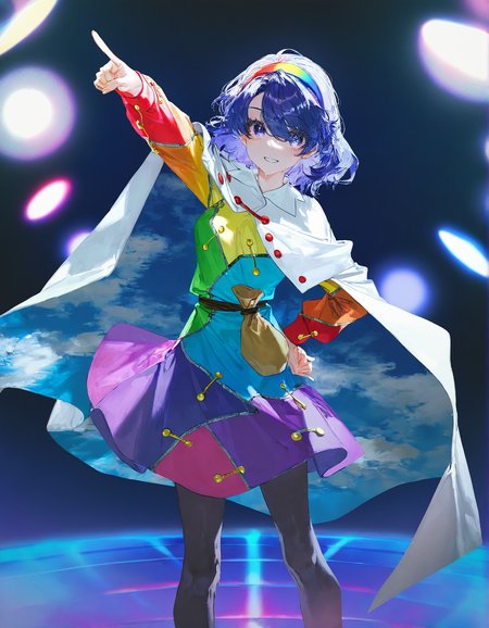 tenkyuu_chimata, 1girl ,rella, quasarcake:0.7, rolua, optical illusion, negative space, saturday_night_fever,blue_hair, breasts, cape, hairband , looking_at_viewer ,multicolored_hairband, pantyhose, purple_eyes ,short_hair ,smile, solo, sweat ,white_cape, disc,  disco,CDs, arm_up , index_finger_raised, outstretched_arm , dance_floor, dancing,wide shot, one hand point to sky one hand point to the ground,hand_on_own_hip,
<lora:illustrious_noobai_epsilon_pred_1_best_quality_v1:0.7> ,<lora:illustrious_noobai_epsilon_pred_1_masterpieces_v1:0.7>, <lora:ponyv4_noob1_2_adamW:0.5>, <lora:add_details_xl:0.7>, <lora:CDs_SDXL:1>,
masterpiece, best quality, amazing quality, very aesthetic, absurdres, newest,