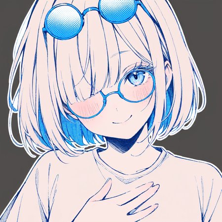1girl, 
solo, close-up, head tilt, eyewear on head, split mouth, closed mouth, one eye covered, blue hair, round eyewear, hand on own chest, blue eyes, blush, smile, hair over one eye, blue-framed eyewear, spot color, bob cut, happy, eyelashes, looking at viewer, blunt bangs, portrait, blue theme, simple background, short hair, straight-on, sidelocks, monochrome, transparent background, glasses, 
masterpiece, best quality,  safe
 <lora:mki-a31-dodosako-v1-000070:1>