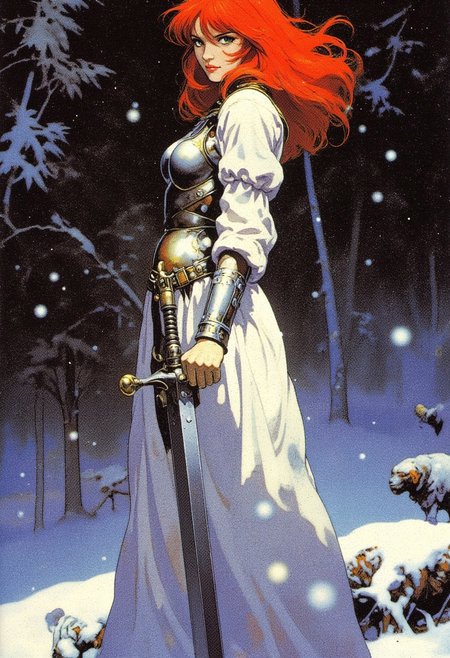 Frank Frazetta fantasy oil painting with 90s retro futuristic anime elements without noise or comic halftone effect. The subject is a woman with bright red hair blowing in the wind and green eyes. Her face showing a serious expression. The stark white gossamer dress. Her body is slender and athletic. Her body is slender and pale. she wears a medieval knights breastplate over her dress, she stands defiantly with both hands on her hips. The background is a detailed dark and snowy forest.  The composition and the poses are dynamic. The composition is dominated by cool tones, with a muted, slightly gritty texture that enhances the gritty, medieval fantasy atmosphere.