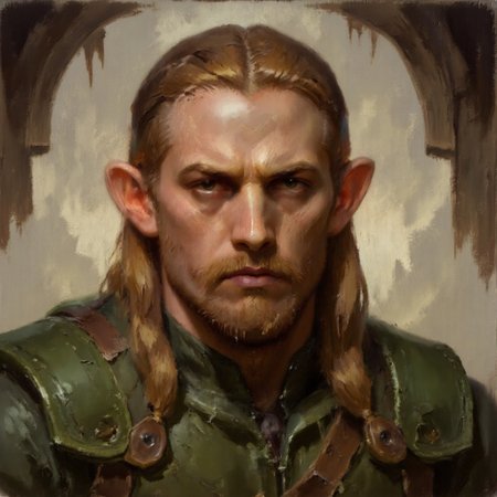 Dark-Fantasy-Cardd-V.2.0 style dark fantasy oil painting with detailed eyes that features a muscular male elf warrior, with long blonde hair and beard wearing a green leather armor