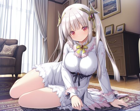 <lora:Lilica>,lilica,solo,large breasts,white hair,long hair,bangs,red eyes,cowboy shot,indoors,alternate outfit,twintails,hair ornament,yokozuwari,living room,carpet,curtains,, masterpiece,best quality,amazing quality, very aesthetic, absurdres,detailed eyes,ultra-detailed,