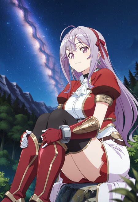 medium depth of field, rule of thirds, masterpiece-level, clean lines, sharp, focused subject, minimalistic composition, masterpiece, amazing quality, best quality, anime screencap, detailed face, detailed eyes, detailed outfit, face focus, 
general,highres, ultra-detailed,very aesthetic,best quality ,best hands, perfect anatomy,detailed,
BREAK 1girl, solo, Mia Adenauer, lavender hair,
azure armor,
full azure armor, white shirt, white ascot, white waist cape,
silver hoop earrings, gold arm shield, black choker,
red hair ribbon hairband, black thighhighs, red cropped jacket, red armored gloves, red miniskirt, red armored boots,
from front, from side, cowboy shot,
sitting, hugging own legs, knees arms support, happy, light smile, looking at viewer, 
(Forest, woods, trees, rocks, bushes, mountains,
outdoors, night sky, strarry sky, milky way, scenery),