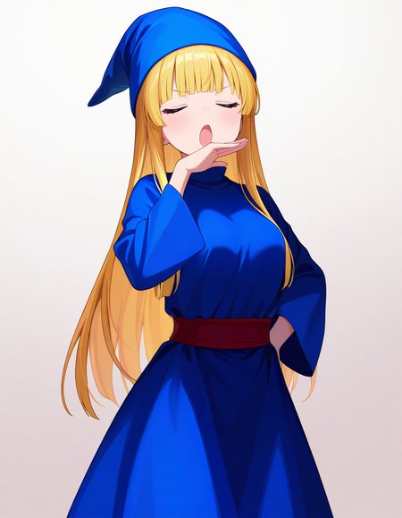 <lora:witchP123_SDXL_Illustrious01_fp16_ver01:1>,1girl,solo,witchP123,long hair,blonde hair,blunt bangs,blue eyes,blue dress, blue boots,blue hat, red sash,long sleeves,ojou-sama pose, cowboy shot,closed eyes, open mouth, gradient background,, masterpiece, best quality, very aesthetic, absurdres,<lora:detailed_hands:1>,hand
