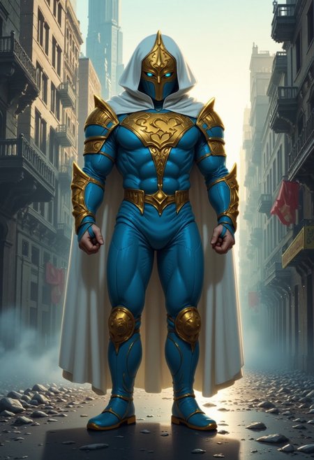 The hyper detail, armed supperhero, the moon knight Clark Kent SUPPERMAN with light blue, golden armor, the white cloak, golden S emblem on chest, detail decoration. standing on the street in dystopian mega city background at dawn. detail background, straight on angle shot, Full body shot, closed-up, ultra-realistic 32k resolution, official art styled digital painting, intricate armor engravings catching realistic lighting, film grain texture overlay, reversal film effect, high quality, detailed realistic background with scattered futuristic debris, shadowed craters, misty atmosphere, cinematic.
