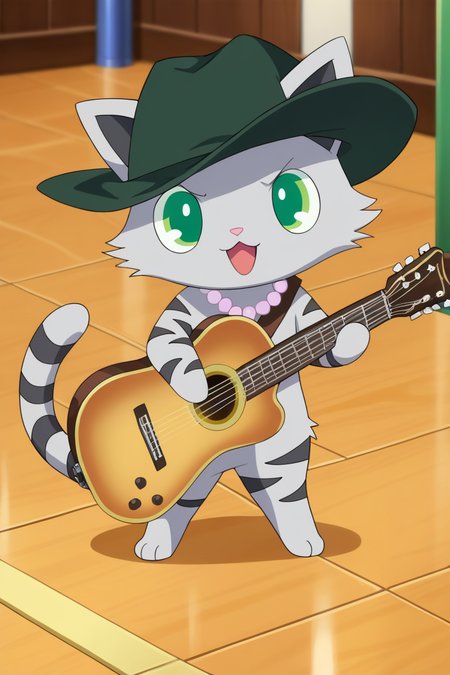 drawing, flat color, high quality, highres, good anatomy, detailed hands, detailed face, detailed fur, 2d, anime, ((source_furry, score_9, score_8_up, score_7_up, score_6), by darkgem, (Sharp focus, masterpiece, 8k, intricate artwork, hyper detailed, high detail), ((chunie)), 
tour, gray fur, star necklace, furry, furry male, no humans, instrument, hat, solo, green eyes, guitar, open mouth, music, cat, holding, holding instrument