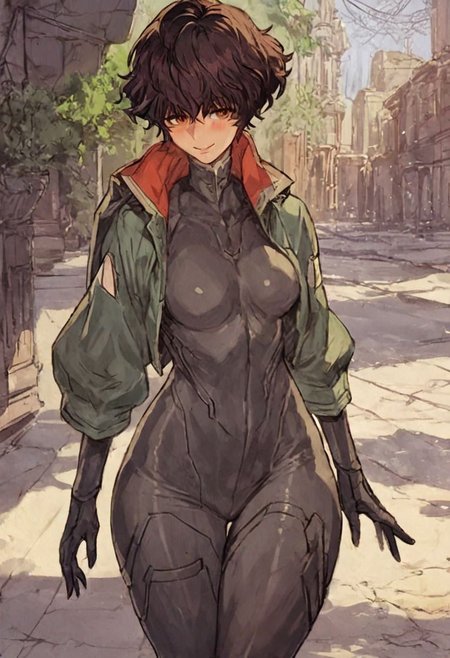 score_9, score_8_up, score_7_up, score_6_up, score_5_up, score_4_up,  <lora:RWSara01:1>, RWSara01, jacket, bodysuit, smile,  score_9, score_8_up, score_7_up, score_6_up, score_5_up, score_4_up, rating_questionable, , source_anime, digital illustration, pixiv, fanbox, uncensored, , BREAK, official art, 1girl, solo, Seductive Eyes, skinbodysuit, bodysuit, outdoors, blush, cowboy shot, looking at viewer, <lora:skinbodysuit e3-000009:0.75>, ng_deepnegative_v1_75t, easynegative, OverallDetail