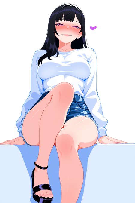 masterpiece,best quality,amazing quality, BREAK, 1girl, black hair, long hair, medium breasts, white shirt, denim shorts, solo, full body, sitting, bellow view, looking at viewer, seductive smile, naughty face, nose blush, white background, simple background, SubukoStyleILXL <lora:SubukoStyleILXL:1>