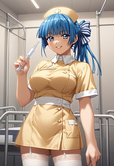 score_9,score_8_up,score_7_up,source_anime,5_figner,2d_animation,game cg,BREKE,1girl,solo,
Yubiki Shitone,yellow nurse,yellow nursecap,blue hair,ponytail,blue hair,white thighhighs,white collar,hair ribbon,
large breasts,front view,upper body,smile,blush,
hospital,standing,
masterpiece,best qualit,ultra-detailed,illustration,an extremely delicate and beautiful,beautiful detailed eyes,unity 8k wallpaper,high resolution,anime CG,official_art,