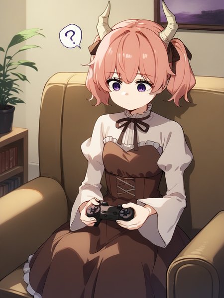 1girl, sitting, holding game controller, (looking down:1.2),
Linie, horns, pink hair, short twintails, purple eyes, brown dress, long white sleeves, frilled dress,
expressionless, living room, couch, question mark, source_anime,
<lora:LinieXLpony003:0.7>
<lora:Anime Boys Style SDXL_LoRA_20r_20e_8i_nr32_a16_Pony Diffusion V6 XL:0.8>, score_9, score_8_up, score_7_up,