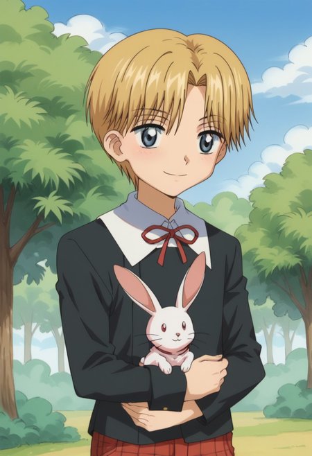score_9, score_8_up, score_7_up, source_anime, highly detailed, 
rukanogi, 1boy, male focus, blonde hair, short hair, shorts, red shorts, plaid shorts, school uniform, blue eyes, solo, ribbon, neck ribbon, upper body, sweater, black sweater, shirt, white shirt, collared shirt, long sleeves, smile, rabbit, hug rabbit,
outdoor, sky, tree