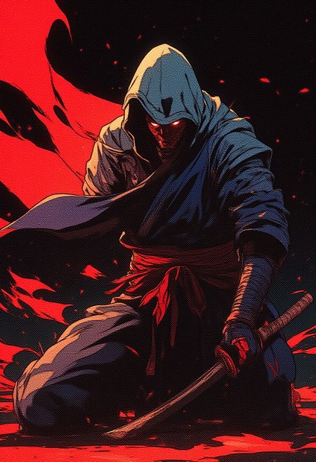 retro anime style, A slim samurai, huge red stripes floating on the wind, he kneels in the shadows, shadows obscures details of his features, hooded, unshaved, confident stature, cant see face in complete darkness, background is a dark dojo, the only thing we can see is his red waist and a lot of red stripes on his costume, his eyes is glowing from the dark,