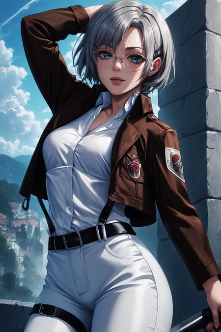 score_9, score_8_up, score_7_up, BREAK source_anime, <lora:Rico Brzenska-PonyXL-lora-Faxtron:1> rico brzenska, blue eyes, grey hair, short hair, medium breasts, glasses, white shirt, open cropped brown jacket, long sleeves, white pants, emblem, belt,