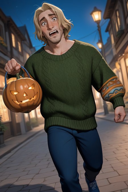 expressive manly face, shadow, dynamic angle, intricately detailed, depth of field, masterpiece, best quality, amazing quality, very aesthetic, absurdres, newest, very awa, 1boy, make focus, solo,coralben,blonde hair,medium hair,brown eyes,facial hair,stubble, oversized green sweater, knitted sweater, pattern sleeves, blue pants, blue footwear, outdoors, nighttime, holding halloween garlands, spooked expression, scared, running away