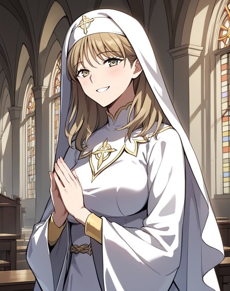 Anna_Primrose, light brown hair, long hair, light brown eyes, nun clothes, white robe, white nun veil BREAK indoors, medieval, church  BREAK looking at viewer, sexy face, sexy smile, praying, cowboy shot, BREAK score_9, score_8_up, score_7_up, source_anime ,zPDXL, <lora:Anna_Primrose:0.8>
